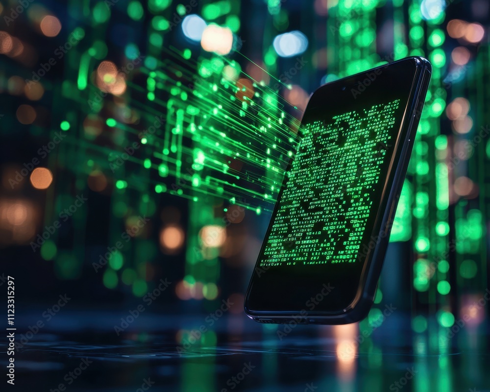 Poster a glowing smartphone displays green binary code, set against a backdrop of digital data streams, sym