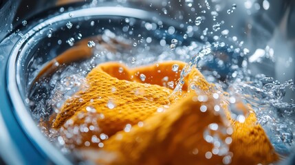 Washing machine or detergent with floating clothes under water with bubbles and wet splashes --ar 16:9 --s 250 --style raw