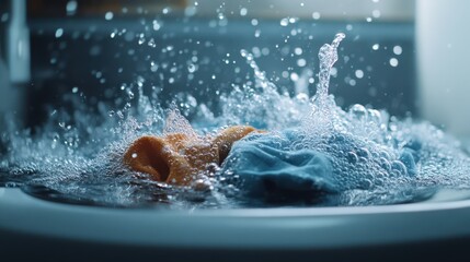Fototapeta premium Washing machine or detergent with floating clothes under water with bubbles and wet splashes --ar 16:9 --s 250 --style raw
