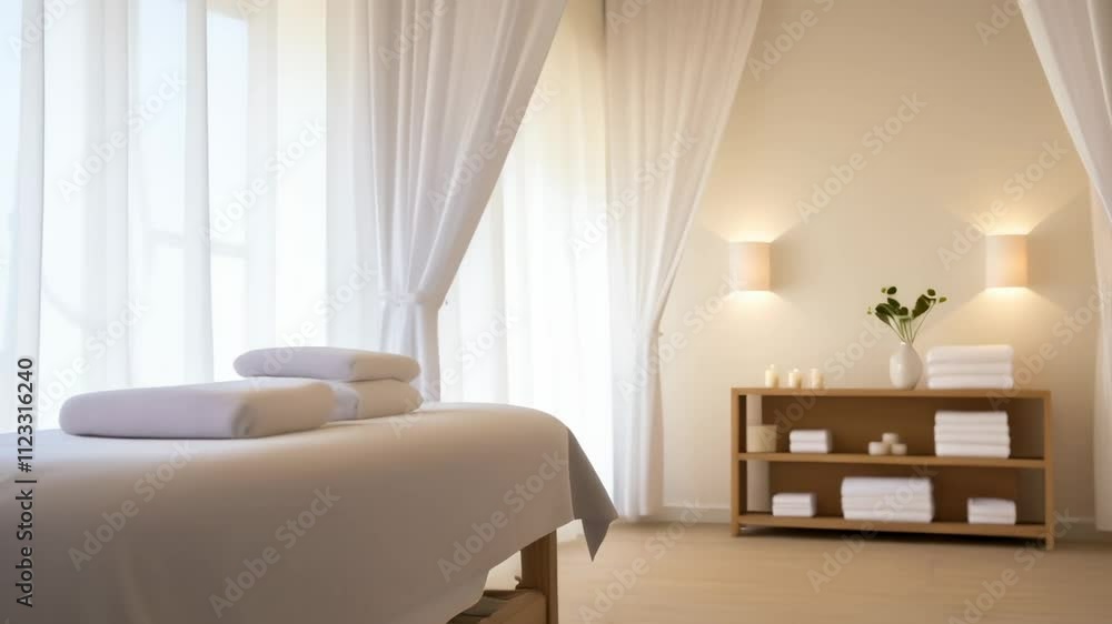 Poster White towels are neatly folded on a massage table in a brightly lit spa room, creating a serene and inviting atmosphere for relaxation and wellness, with sheer curtains adding a touch of elegance