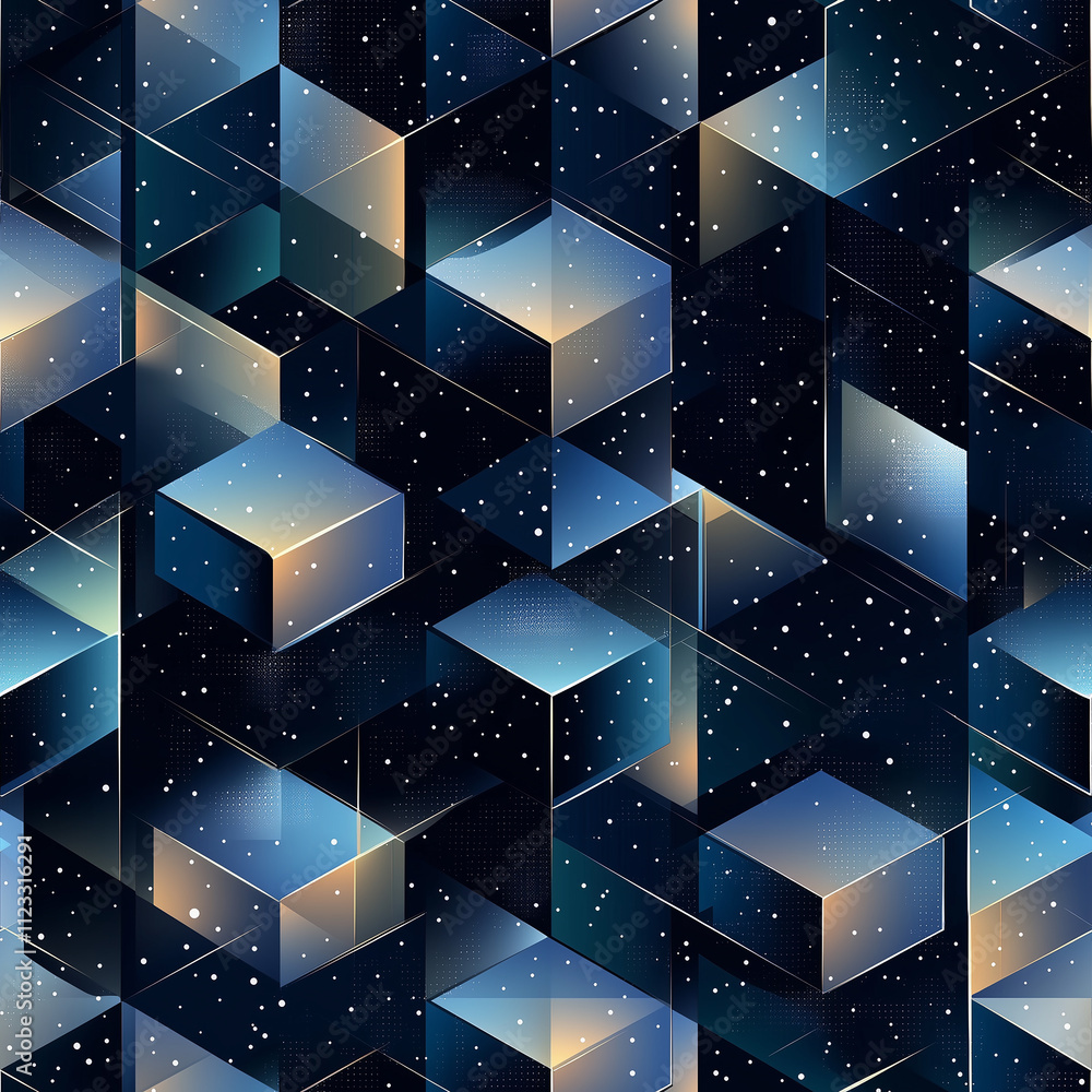 Poster dynamic seamless pattern of cubes in cosmic space abstract design digital art night sky aerial view 