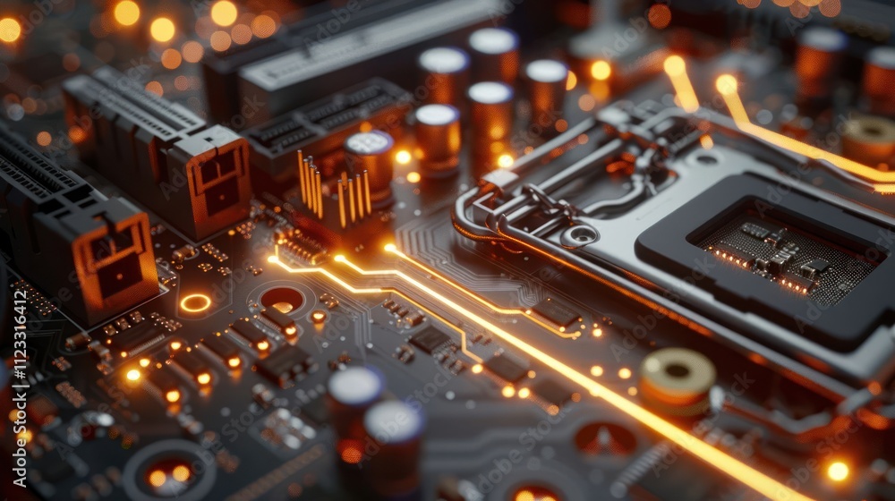Poster close-up of a circuit board with glowing components and intricate pathways.