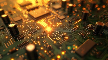 Obraz premium Close-up view of a circuit board with glowing components and intricate pathways.