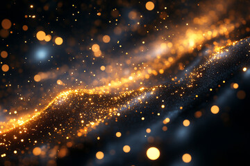 Abstract Golden Glittering Particles and Sparkling Bokeh on Dark Background : Luxurious Festive and Elegant Design Element