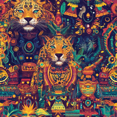 Vibrant seamless pattern of colorful jaguars tropical jungle digital art lush environment aerial viewpoint for design inspiration