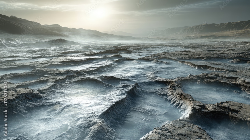 Poster thin sheets of clear ice covering martian soil, with cracks and frosty patterns reflecting dim sunli
