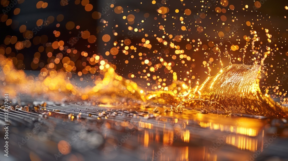 Poster a dynamic splash of liquid, illuminated by light, creating an artistic display of motion.
