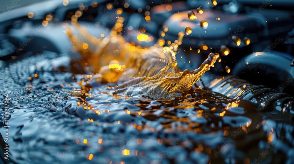Poster close-up of water splashing on a dark surface, creating a dynamic and reflective scene.