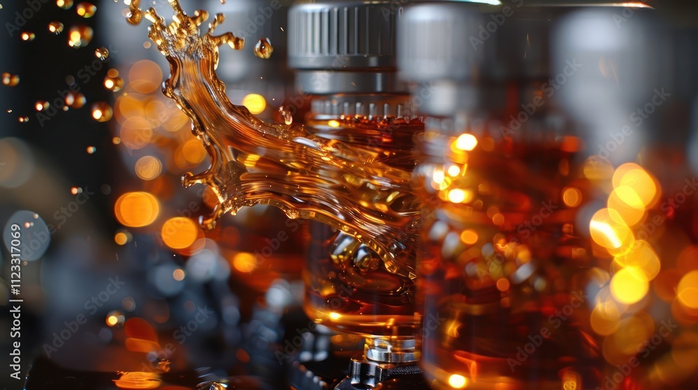Poster vials filled with liquid, splashing droplets create a dynamic visual effect.