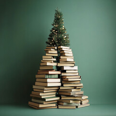 Creative Christmas Tree Made of Stacked Books with green Covers and a Star Topper on green Background – Unique Holiday Decoration Concept