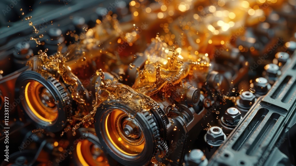 Poster close-up of an engine with oil splashing, showcasing mechanical components and fluid dynamics.