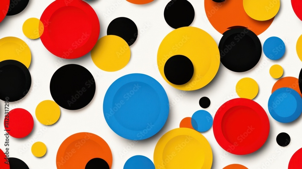 Poster colorful and playful pattern of overlapping circles in various sizes and bright colors, creating a d