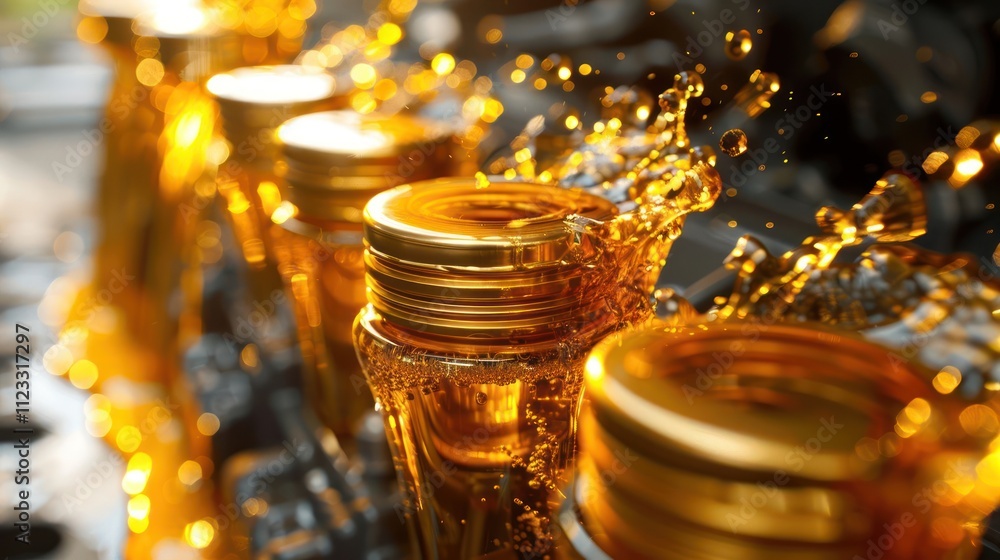 Poster bottles with golden caps splashing liquid, showcasing a refreshing beverage in action.
