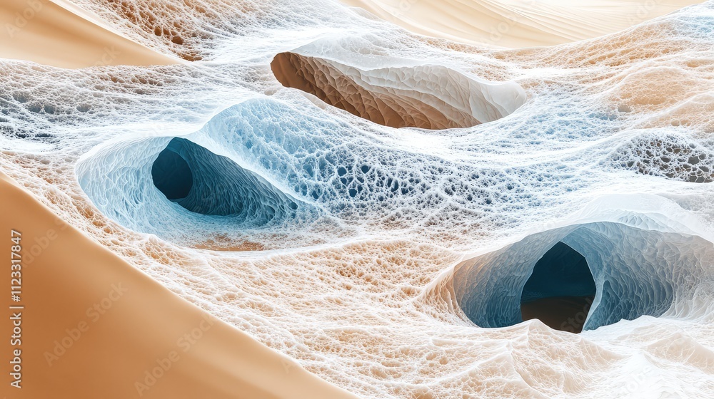 Poster thin sheets of ice partially buried in desert sands, with intricate patterns visible through translu