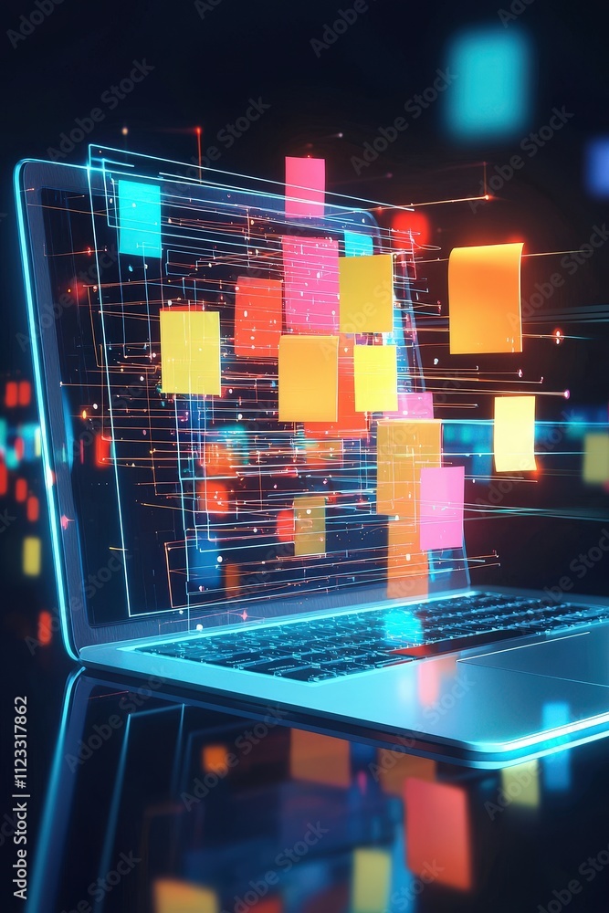Poster laptop with glowing virtual sticky notes for document tasks