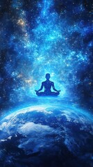 Fototapeta premium Celestial figure meditating above earth in cosmic scene