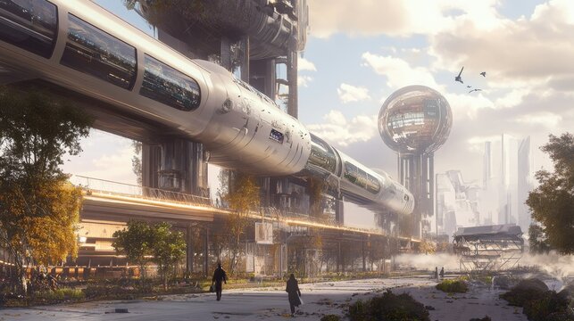 A conceptual design of a hyperloop train system powered by renewable energy, speeding through an urban landscape.