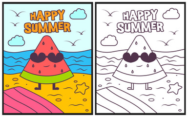 Happy summer coloring page vector illustration