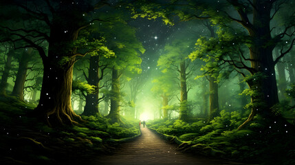 Obraz premium Two figures stroll down a mystical path through an enchanting forest at night, surrounded by lush greenery and twinkling lights.