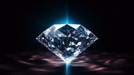 Sparkling gemstone reflecting on dark surface with volumetric blue light