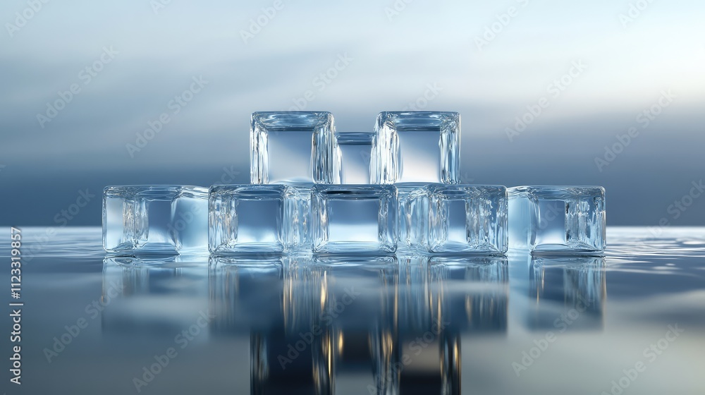 Poster transparent ice blocks stacked in perfect alignment, forming a futuristic geometric structure with r