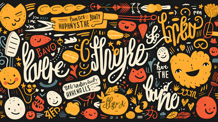Obraz premium Vibrant hand-drawn illustration featuring playful characters and quirky lettering in a mix of warm colors against a dark background. A joyful and expressive design.