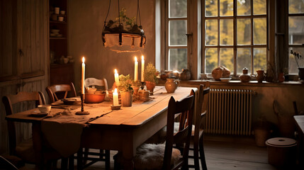 Obraz premium Rustic dining room bathed in candlelight. A warm, inviting atmosphere is created by the soft glow and wooden furniture.