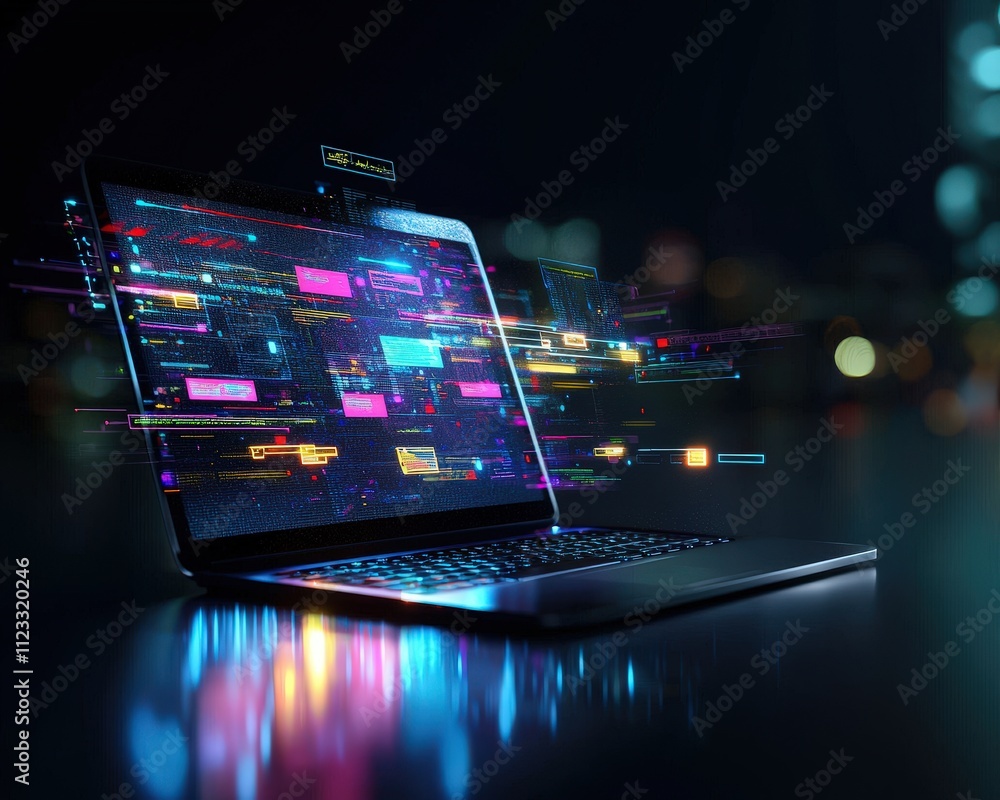 Poster laptop with secure file transfer icons glowing on screen