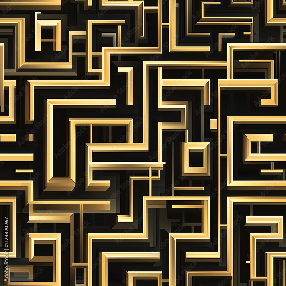 Poster exploring geometric patterns in golden labyrinth design abstract art digital creation modern aesthet
