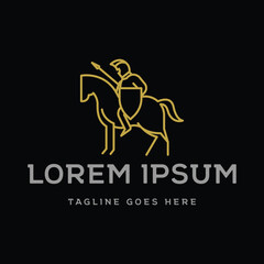 Fototapeta premium Horse Knight Silhouette, Medieval Horseman Horseback Warrior bring Pike Spear and Shield Line Style Logo Design