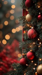 Obraz premium Christmas frame with green garland baubles and fairy lights