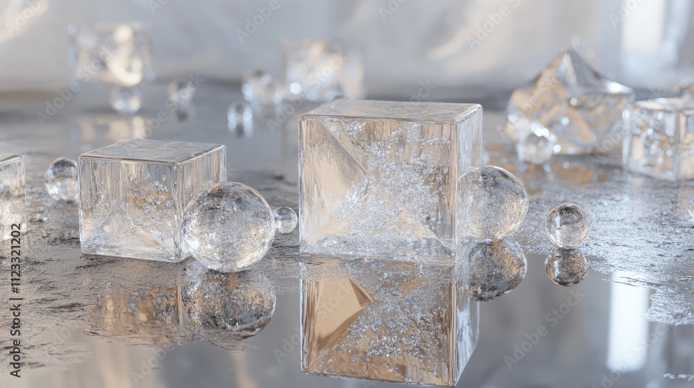 Poster transparent ice pieces in the shape of cubes and spheres, arranged in a geometric pattern on a refle