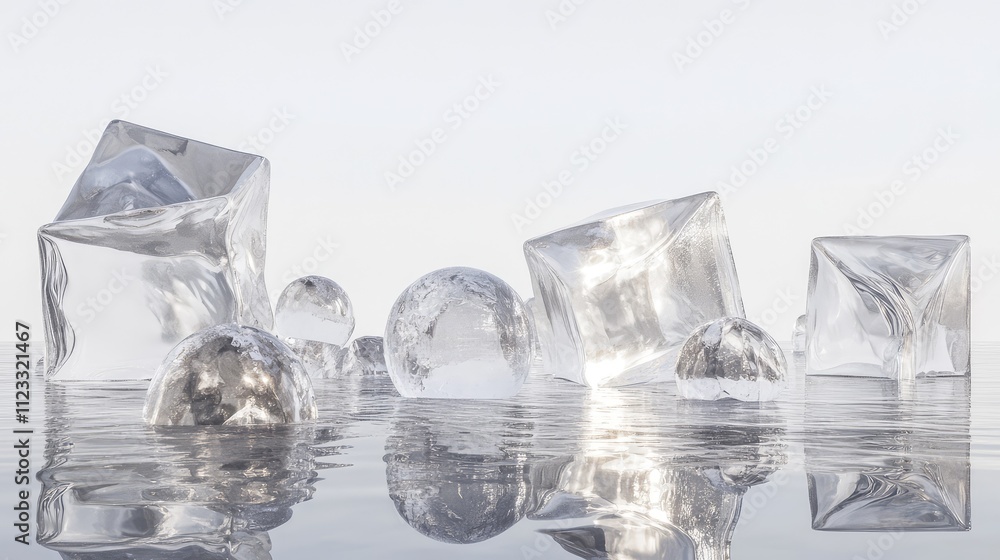 Poster transparent ice pieces in the shape of cubes and spheres, arranged in a geometric pattern on a refle