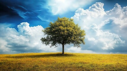 Fototapeta premium A tiny tree growing in a vast, open field under a dramatic sky filled with scattered clouds.