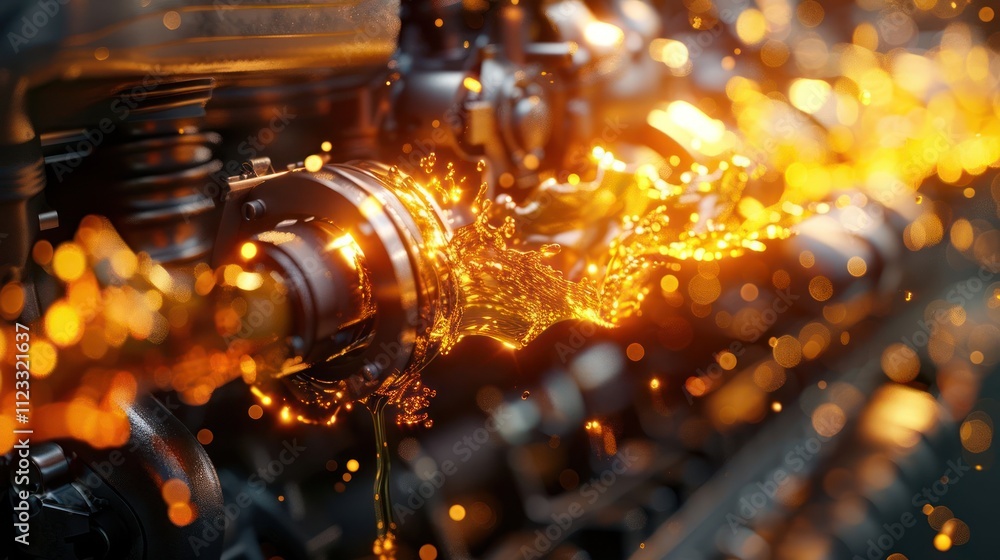 Poster an engine component with flowing liquid, showcasing mechanical detail and dynamic motion.