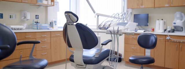 Dental office with a lot of equipment and a chair for the patient.