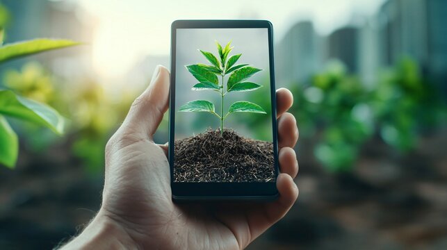 Environmental and sustainablility, reporting concept. A hand holding a smartphone displaying a plant growing in soil.