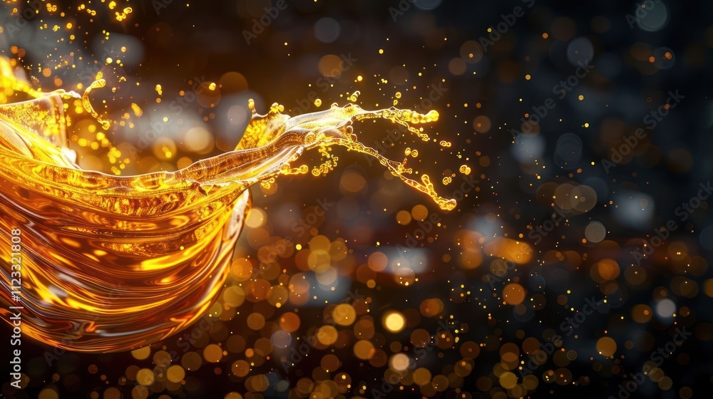 Poster a dynamic splash of golden liquid against a blurred background with sparkling bokeh.