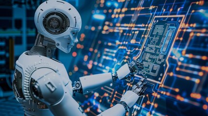 Fototapeta premium High-tech robot with bitcoin, concept of cryptocurrency and artificial intelligence