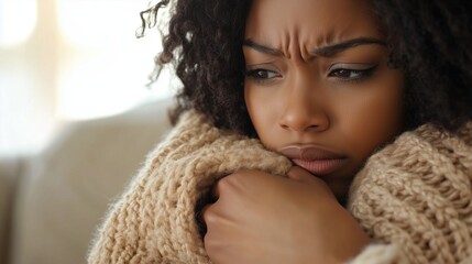 Thoughtful young black woman wrapped in beige knit blanket looking worried