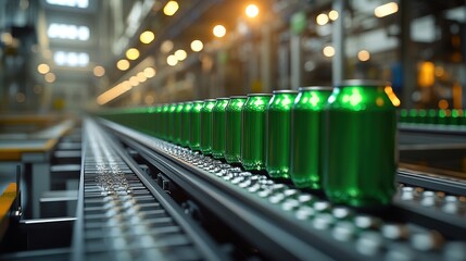 Close-up of green beer cans on a conveyor belt in an industrial brewery.