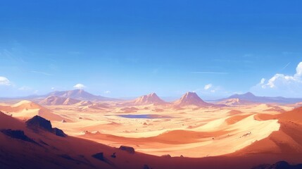 Naklejka premium A vast desert under a clear blue sky, with rolling sand dunes, a distant oasis, and the heat shimmering in the air