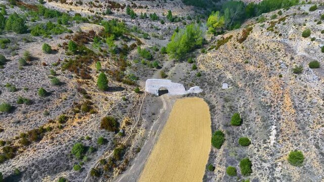 Landscape at the Roman Aqueduct of the village of Zaorejas. Aerial view from drone. Molina Alto Tajo Geopark. Alto Tajo Natural Park. Guadalajara. Castilla la Mancha. Spain. Europe. Rewilding Europe