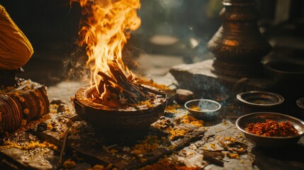 Devotees perform a vibrant Vedic Pooja, invoking blessings around a sacred fire adorned with flowers and offerings at dusk