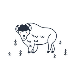 Obraz premium Arctic animal. Forest bison. Northern cute inhabitant. Character in snow. T-shirt print, card or poster. Childish and baby decorative cute cartoon flat isolated north wildlife fauna illustration