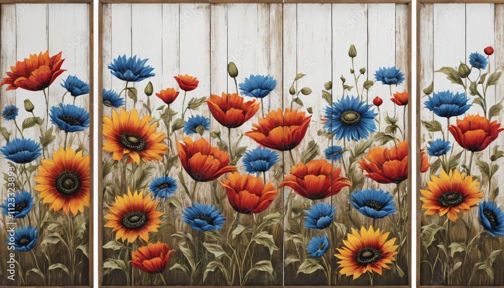 Fototapete 3d panels featuring rustic flowers that evoke a charming countryside feel, the first panel should di