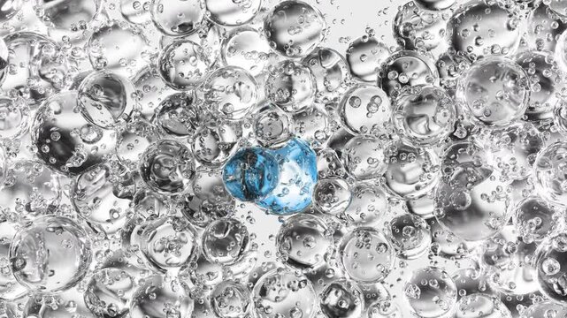 Blue cosmetic serum with liquid bubbles in a 3D abstract background. Hydrating essence gel enriched with collagen molecules. Moisturizing cream or oil for advanced skincare, beauty, and skin health.