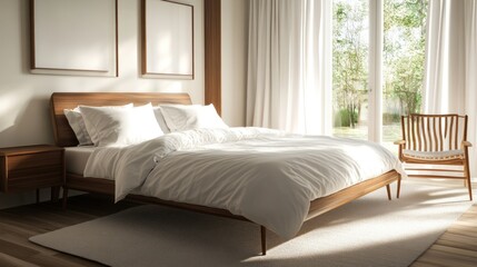 Fototapeta premium Modern Bedroom with White Bedding and Wooden Accents