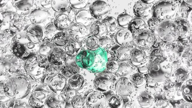 Turquoise cosmetic serum with liquid bubbles in a 3D abstract background. Hydrating essence gel enriched with collagen molecules. Moisturizing cream or oil for advanced skincare, beauty.