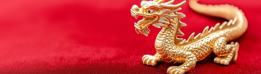 Fototapeta premium A professional studio shot of a golden dragon figurine, isolated on a rich red velvet background, with precise lighting enhancing its intricate carvings and metallic shine